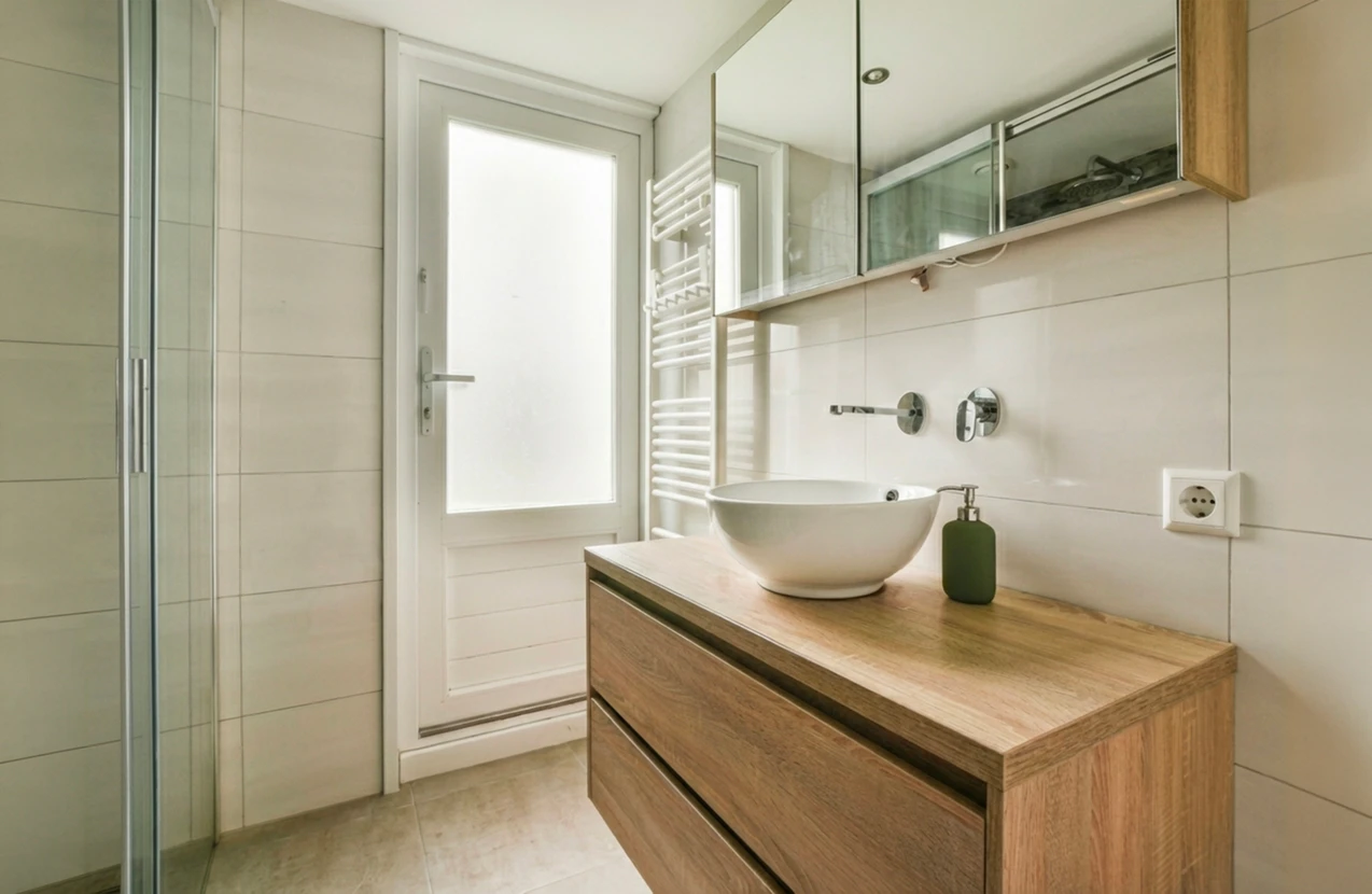 Salle de bain moderne et &eacute;pur&eacute;e avec vasque &agrave; poser ronde en c&eacute;ramique blanche sur meuble-vasque suspendu en bois naturel