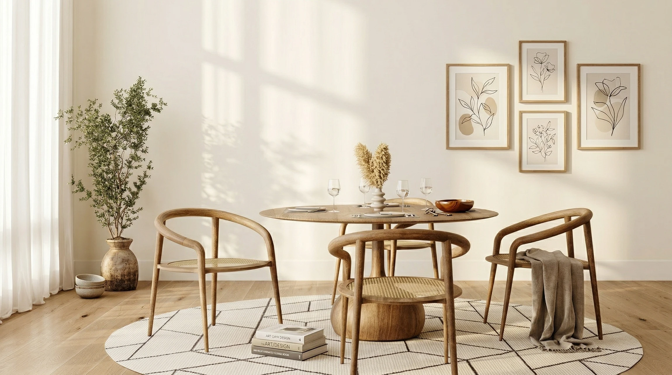 Salle de bain moderne minimaliste avec baignoire ovale en bois naturel, vasque suspendue blanche, robinetterie chromée au sol