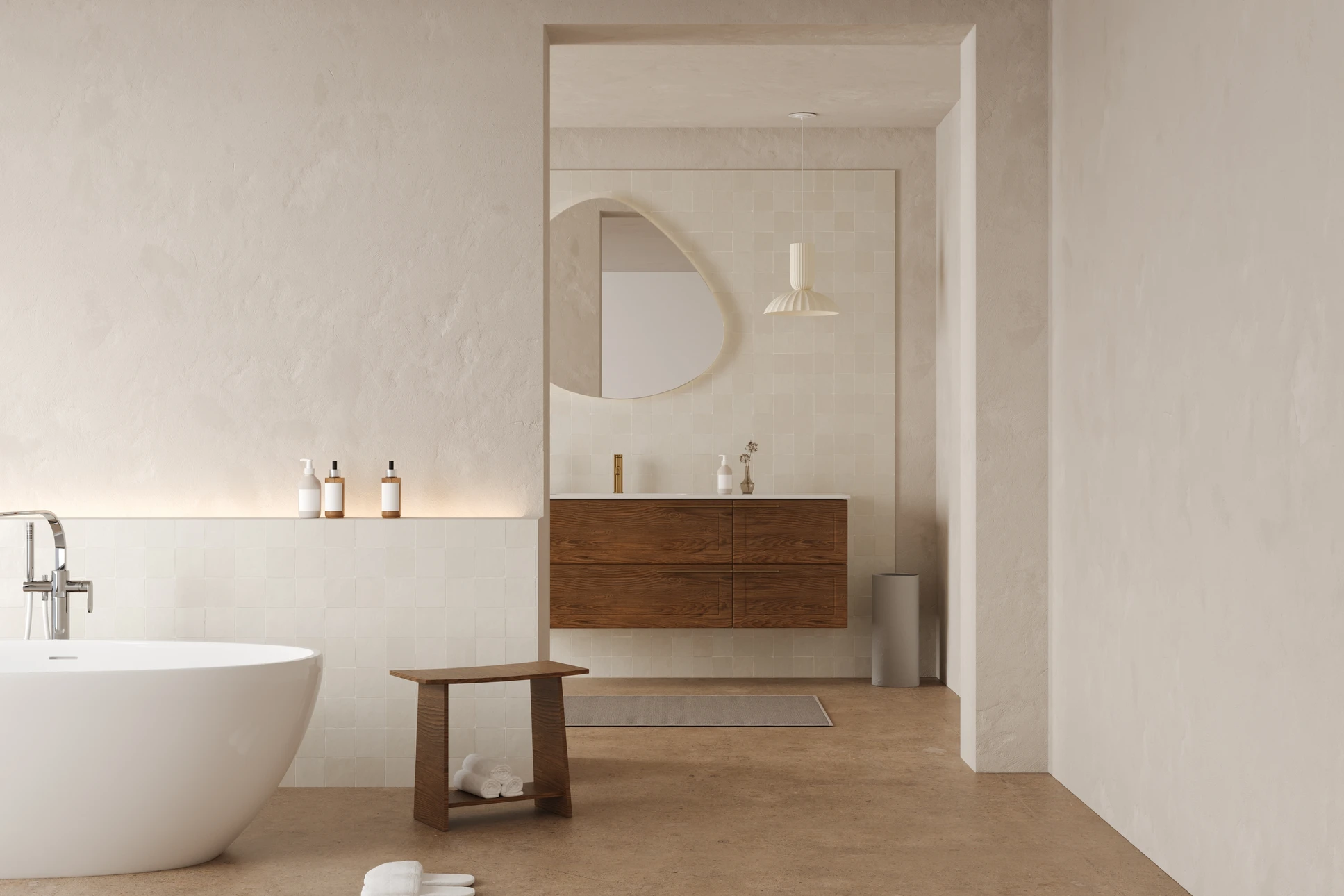 Salle de bain moderne luxueuse avec douche à l'italienne vitrée, carrelage mural en marbre blanc veiné gris, meuble vasque suspendu blanc laqué, miroir rétroéclairé LED