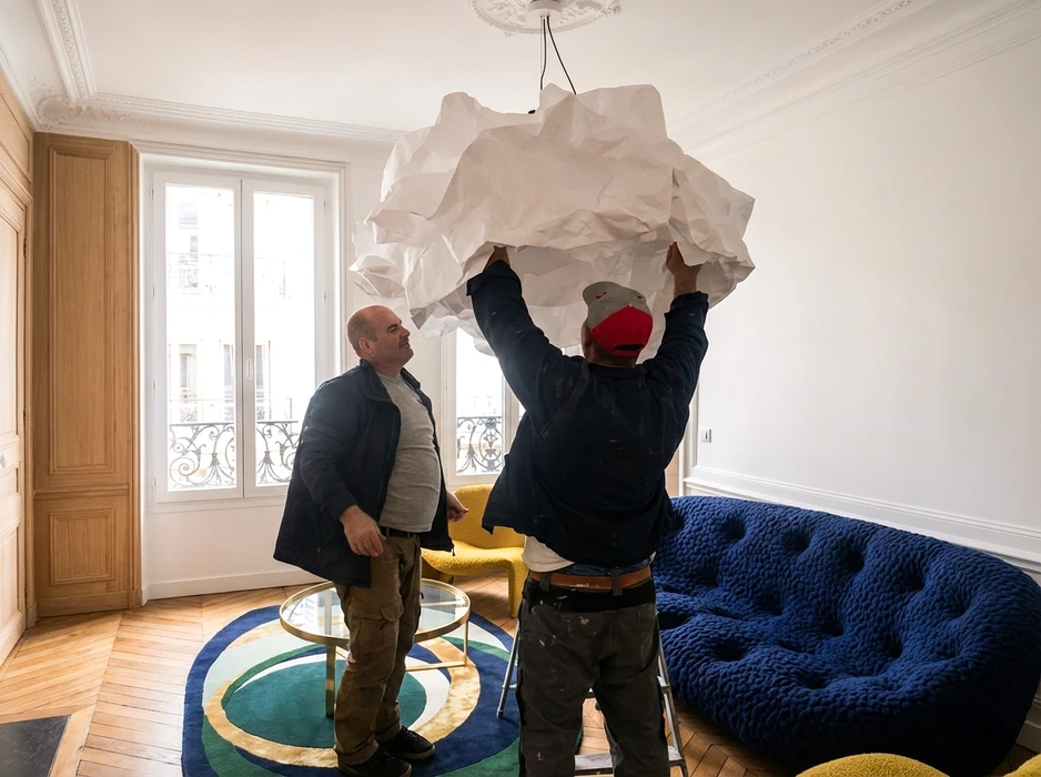 Pièce en cours de finition, vide, avec escalier en bois clair